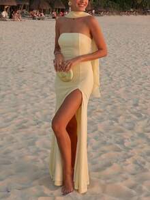 Elegant Strapless Slit Gown - Minimalist Bandage Dress With Flowing Sash, Sexy Evening Dress For Galas & Red Carpet - 黃色 - 查看 3