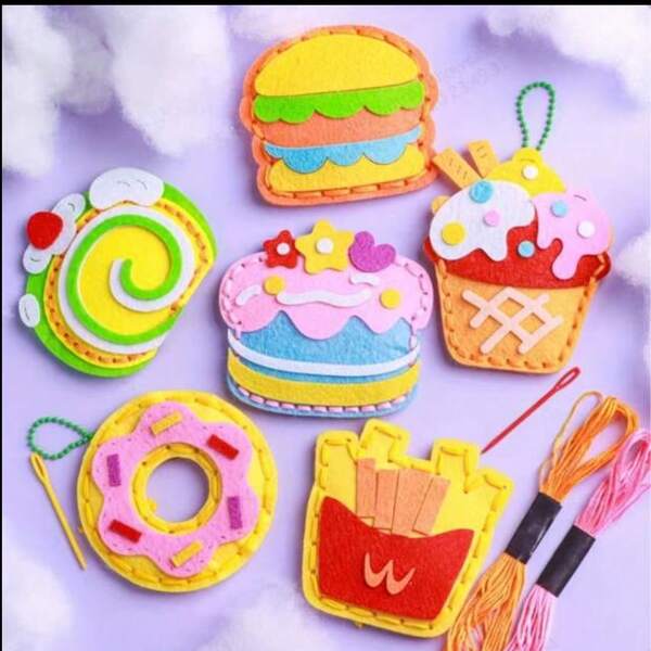 3 kits de costura DIY com tema de comida fofa - designs coloridos de cupcake, hambúrguer, pirulito e donut com detalhes bordados - ótimos para iniciantes, presentes de aniversário e amizades criativas, artesanato de costura fácil | Design lúdico | Adequado para iniciantes