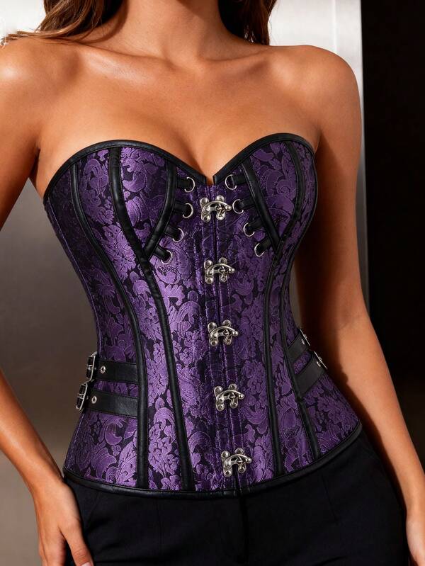 Top corset steampunk, gaine amincissante, boucle latérale, bustier à fermeture éclair jacquard vintage, style gothique à laçage dans le dos, corset ajusté pour le bal masqué