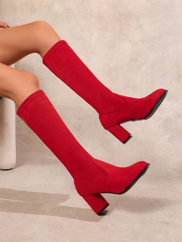 Sexy Pointed Toe Elastic Red Suede Knee-High Boots, Comfortable Chunky Heel Classic Straight Shaft Boots Suitable For Commuting, Weddings, Formal Occasions, Women's High Heel Tall Boots