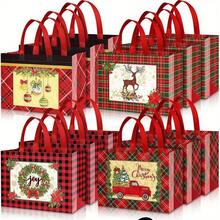 4/8pcs Large Christmas Party Bags, Reusable Red & Black Plaid Non-Woven Fabric Bags, Gift Bags With Handles, Christmas Party Supplies, 12.8*9.8*6.7 Inches