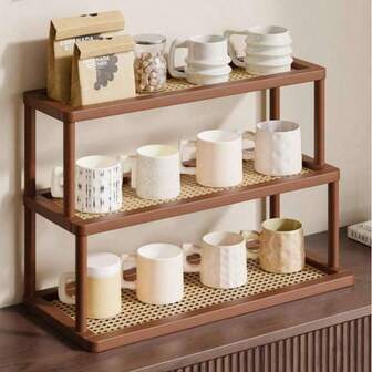 3-Tier Bamboo Plastic Rattan Kitchen Storage Rack, Ideal For Storing And Organizing Condiments, Snacks, Cups, Books, And Other Items, Suitable For Kitchens, Studies, Living Rooms, Standing Racks, And Standing Shelves.