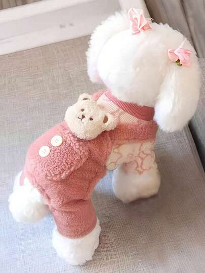 1pc Solid Color Pet Jumpsuit, Cute Plush Design, Dog/Cat Clothes, Autumn/Winter Fleece Lined Warm Overalls With Snap Buttons, Suitable For Dogs And Cats