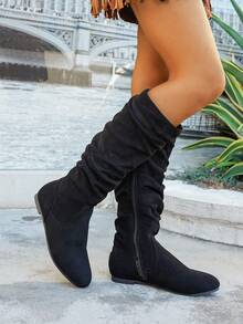 Damskie botki z plisowaną cholewką ze sztucznej skóry, uniwersalny styl z ozdobnym zamkiem błyskawicznym z boku, odpowiednie do strojów jesienno-zimowych i codziennych, kolor czarno-brązowy, miękkie i wygodne, pasujące do wielu stylizacji