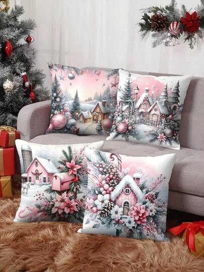 4pcs/1pc Pink Christmas Pillow Covers - Snow Village, Christmas Tree And Floral Scene Design, Festive Cushion Covers, 18x18 Inch | Zipper Closure | Bright Colors Polyester Material | For Living Room, Room Decoration, Sofa And Bedroom (Filling Not Included) Great For Christmas Decorations, Christmas Party, Bedroom Decor, Home Decor