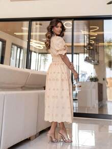 Elegant Midi Dress In 3D Embroidery, Lined, Princess Puff Sleeve, Ruffle Hem - Carne - Ver 2