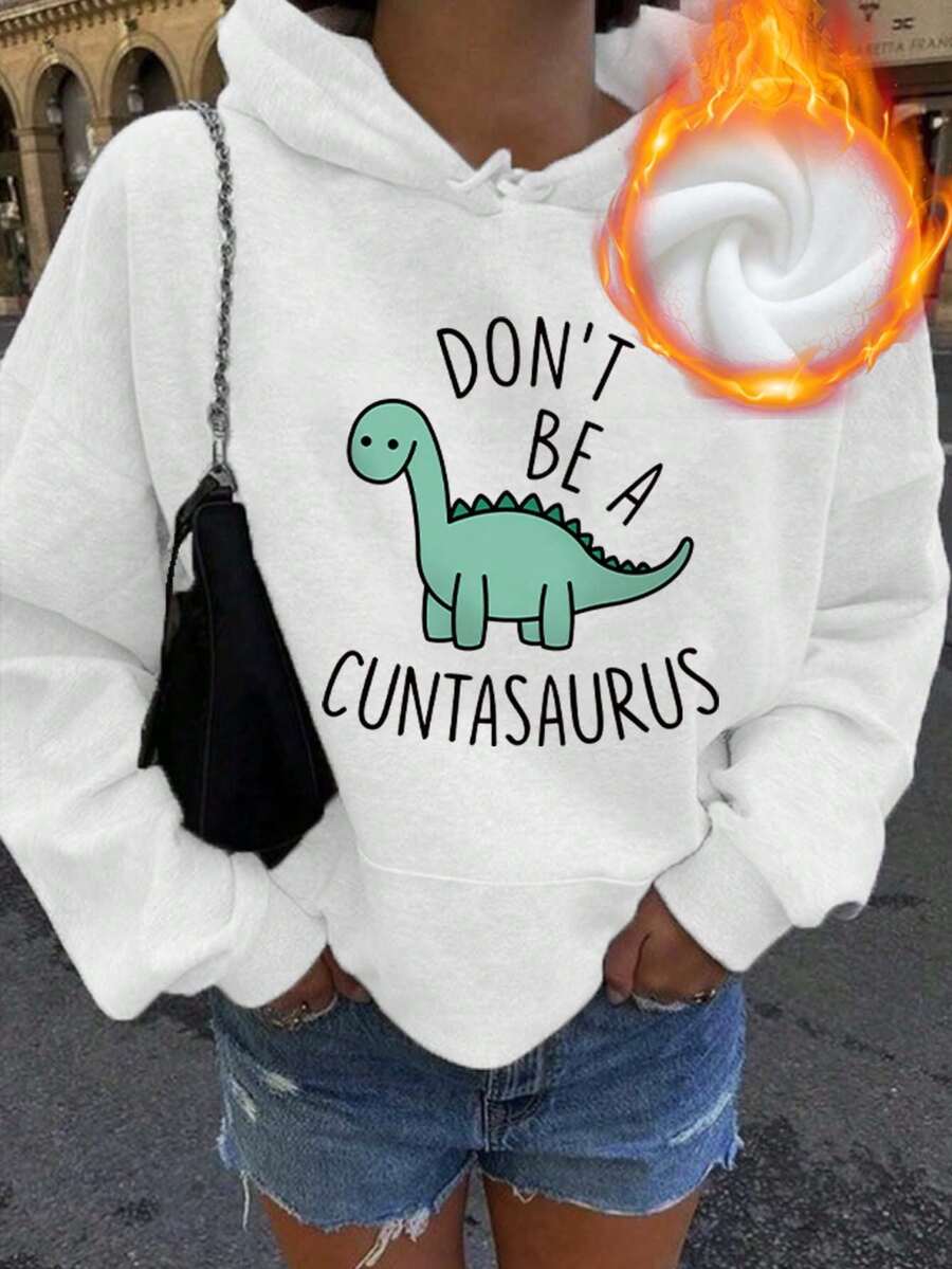 Cartoon Dinosaur Pattern Print Sweet And Gentle Temperament Fall Clothes Plus Size, Autumn And Winter Women's Plus Size Casual Dinosaur Pocket Drawstring Hoodie Fall Tops Women, Women's Fall Plus Size Clothes