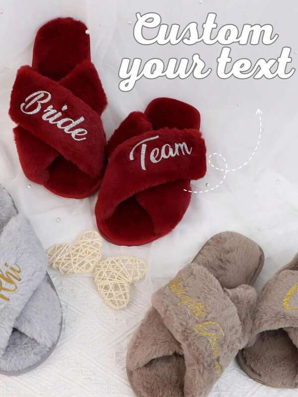 Personalized Fluffy Slippers/Fluffy Cross Slippers/Fluffy Slippers/Bridesmaid Gift/Custom Bride Slippers/Bride To Be Gift/Bachelorette Party
