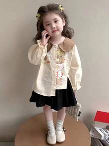 女童卡其色卡通熊领休闲衬衫 - 卡其色 - 查看 1