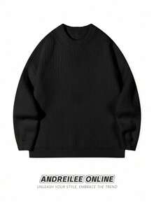 ANDREILEE 男士休闲纹理圆领毛衣，宽松保暖套头衫，适合春、秋、冬三季穿着。 - 黑色 - 查看 3