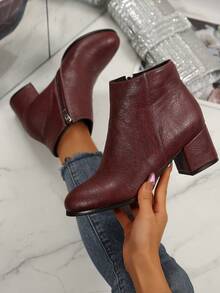 新款秋冬时尚女式高跟靴，粗跟，圆头，侧拉链，纯色搭扣，百搭舒适 - 酒紅色 - 查看 2