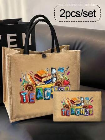 Creative Teacher Letter Print Linen Tote Bag - Featuring Pen, Notebook And Floral Patterns, Big Bag With Small Bag, Khaki Color Contrast Shopping Bag, Teacher's Day Gift, Women's Linen Large Capacity Handbag