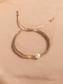1 Stück 18K vergoldetes Natürliche Perle Verstellbares Geflochtenes Herz Lässig Armband, Muttertag, Valentinstag, Geburtstagsgeschenk - Goldenes Liebesherz - Übersicht 5
