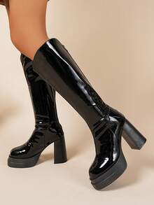 Women's Fashion Zipper Thick Heel Non-Slip Personalized Tall Boots, Knee-High Boots For Autumn/Winter - Black - View 4