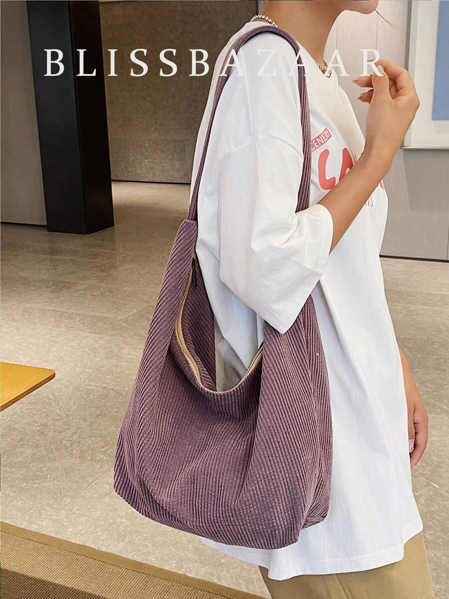 Casual Minimalist Corduroy Shoulder Bag, Contrast Color Fashion Casual Crossbody Bag For Commuting , Purple - Purple - View 1