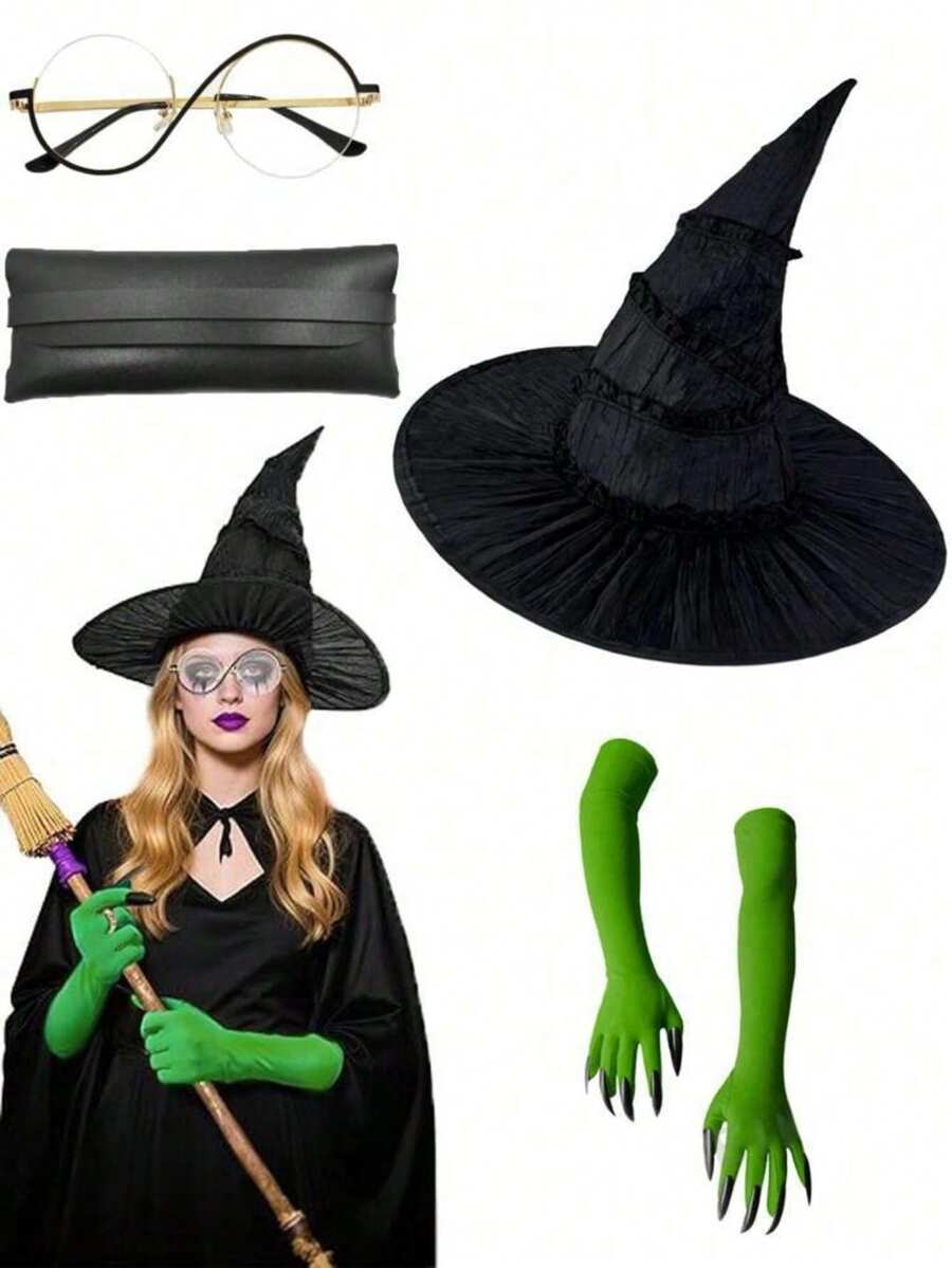 1 pieza/4 piezas Accesorios de disfraz de bruja de Halloween, que incluyen sombrero de bruja, mangas con uñas largas, gafas sin receta, bolsa para los ojos, adecuado para fiestas festivas, cosplay, desfiles