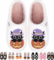 Pantuflas de calabaza de peluche acogedor de Halloween, diseño esponjoso antideslizante - Gato Brujo Calabaza - View 1