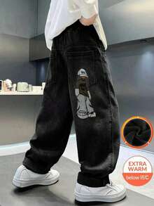 男童时尚保暖内衬卡通刺绣牛仔裤 - 黑色 - 查看 1