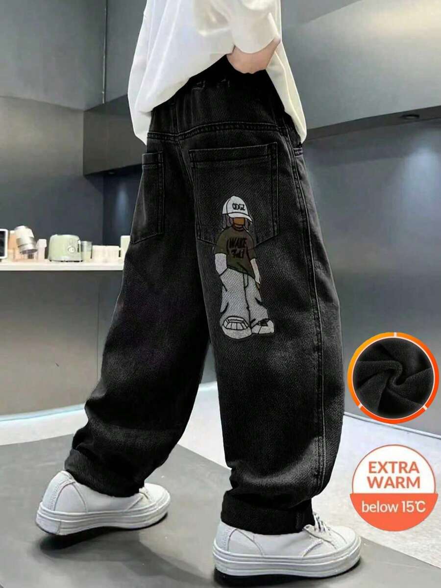 男童时尚保暖内衬卡通刺绣牛仔裤 - 黑色 - 查看 1