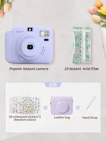 Popoto 拍立得相机，兼容 Mini 11/12 胶卷，包含 10 卷 Mini 拍立得胶卷，5 种可选模式，30 秒显影时间，中央取景器，理想的圣诞礼物（不含电池） - 相機+底片+皮包 - 查看 5