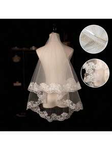 1pc Double Layer Black Lace Veil With Hair Comb, Suitable For Wedding, Cosplay, Photography, Elegant Wedding Accessory, Stunning Look - Multicolor - View 8