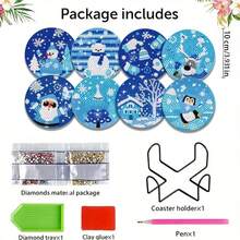 1 Set Of 8pcs 5D Diamond Painting Coaster Kit, Including Christmas Series, Cartoon, Landscape And Other Patterns To Choose From, To Exercise Hands-On Ability, Suitable For Beginners, Acrylic Diamond Covered Coaster, Dining Table Insulation Coaster, Comes With Tools, With Iron Bracket