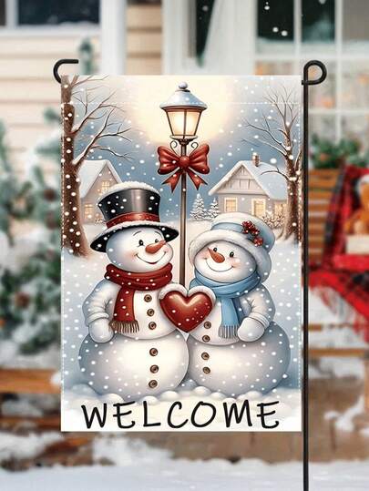 1 Stück Weihnachtsgarten Flagge - Schneemann Paar mit Herz und "Willkommen" Text, Feiertags Outdoor Dekoration, strapazierfähiges Polyester Outdoor Dekofahne, 12x18 Inch, geeignet für Rasen, Veranda, Terrasse und Gartendekoration (Fahnenmast nicht enthalten) Hervorragend für Weihnachtsdekoration, Raumdekoration, Outdoor-Dekoration, Veranda-Dekoration