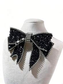 1 Piece Of Fashionable Black Shiny Rhinestone-Studded Bow Tie Brooch For Women, Suitable For Parties, Gift-Giving, Stage Performances, Wedding Hosts, Collar Accessories, Women's Accessories, Teacher Gifts, And Women's Neckties.