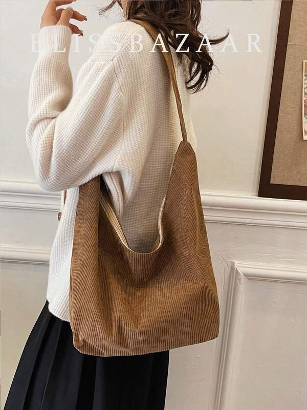 Casual Minimalist Corduroy Shoulder Bag, Contrast Color Fashion Casual Crossbody Bag For Commuting