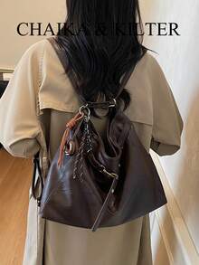 1 chiếc túi đeo vai CHAIKA & KILTER bằng da PU màu trơn, túi hobo cỡ lớn phong cách vintage thường ngày dành cho nữ, trang trí quai xách bằng khoen, dây đeo vai có thể điều chỉnh, khóa kéo, phù hợp cho mua sắm và đi làm hàng ngày. - Cà phê - Xem 6