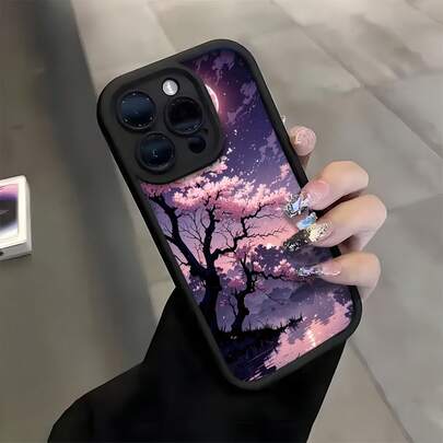 1个黑色樱花树月亮个性化图案全包覆TPU防震手机壳，兼容苹果16、15、14、13、12、11 Pro Max系列，国际版，非国内版