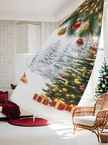 1pc Christmas Gift Christmas Snowman, Reindeer, Christmas Tree Atmosphere Decorative Sheer Curtain, Translucent But Not See-Through Window Voile Curtain, Suitable For Living Room And Bedroom, Door Curtain, Kitchen Curtain, Noise Reduction, Christmas Decorative Rod Pocket Sheer Curtain (100g Fabric Weight)