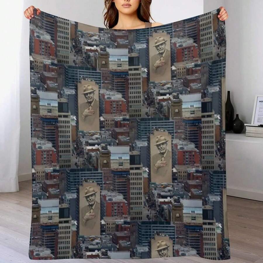 Leonard Cohen Mural Montreal Throw Blanket Shaggy Large Flannels Bed Plaid Blankets - Black - View 1