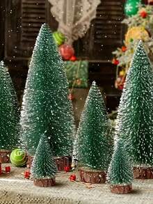 Un set de mini brazi de Crăciun verzi, pini artificiali înghețați, cu baze din lemn, potriviți pentru decorațiuni de Crăciun pentru birou, ideali pentru case, birouri, ținuturi de iarnă, sărbători, petreceri, meșteșuguri DIY, perfecți pentru petreceri de Crăciun și decorațiuni interioare.