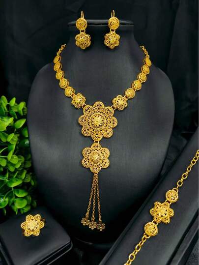 4-częściowy damski złoty naszyjnik z frędzlami, kolczyki, bransoletka, zestaw biżuterii z pierścionkiem, odpowiedni dla Arabii Saudyjskiej, Europy, Afryki, panny młodej, ślubu, imprezy, Walentynek, Dnia Matki, prezentu świątecznego, naszyjnika, kolczyków, zestawu biżuterii, łańcuszka na ciało