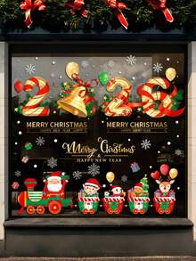 Juego de pegatinas para ventanas navideñas, Feliz Navidad y Próspero Año Nuevo, pegatinas de Papá Noel, tren, copos de nieve y caja de regalo, pegatinas de PVC removibles para ventanas navideñas, decoraciones navideñas, pegatinas para ventanas con temática de tren navideño, pegatinas decorativas de Papá Noel y renos - Multicolor - Ver 5