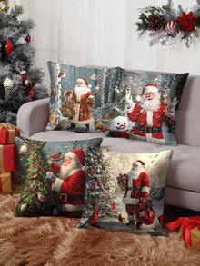 4pcs/1pc Christmas Pillow Covers - Santa Claus With Forest Animals And Christmas Tree Pattern Cushion Covers, 18x18 Inches | Zipper Closure | Bright Colors And Polyester Material | For Living Room, Room Decoration, Sofa And Bedroom (Filling Not Included) Great For Christmas Decorations, Christmas Party Home Decor Christmas Decorations Home