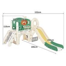 Tobogán con tobogán largo, caja de almacenamiento, túnel, escaleras, aro de baloncesto y pasillo. Fácil de instalar y ahorra espacio. Alta calidad.