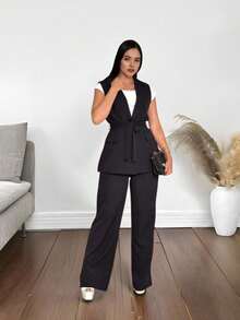 Max Women's Tailored Vest Bow Elegant Long Coat - màu đen - Xem 5