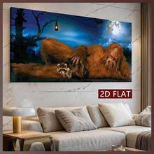 1 pièce Impression sur canevas style Art déco sans cadre, homme de bande dessinée avec animal dans la forêt de nuit étoilée, œuvre d'art de paysage, décoration pour la maison, le bureau, le salon, la chambre, le restaurant, le bar - intérieur et extérieur sans cadre 50x100cm/19,68x39,37 pouces