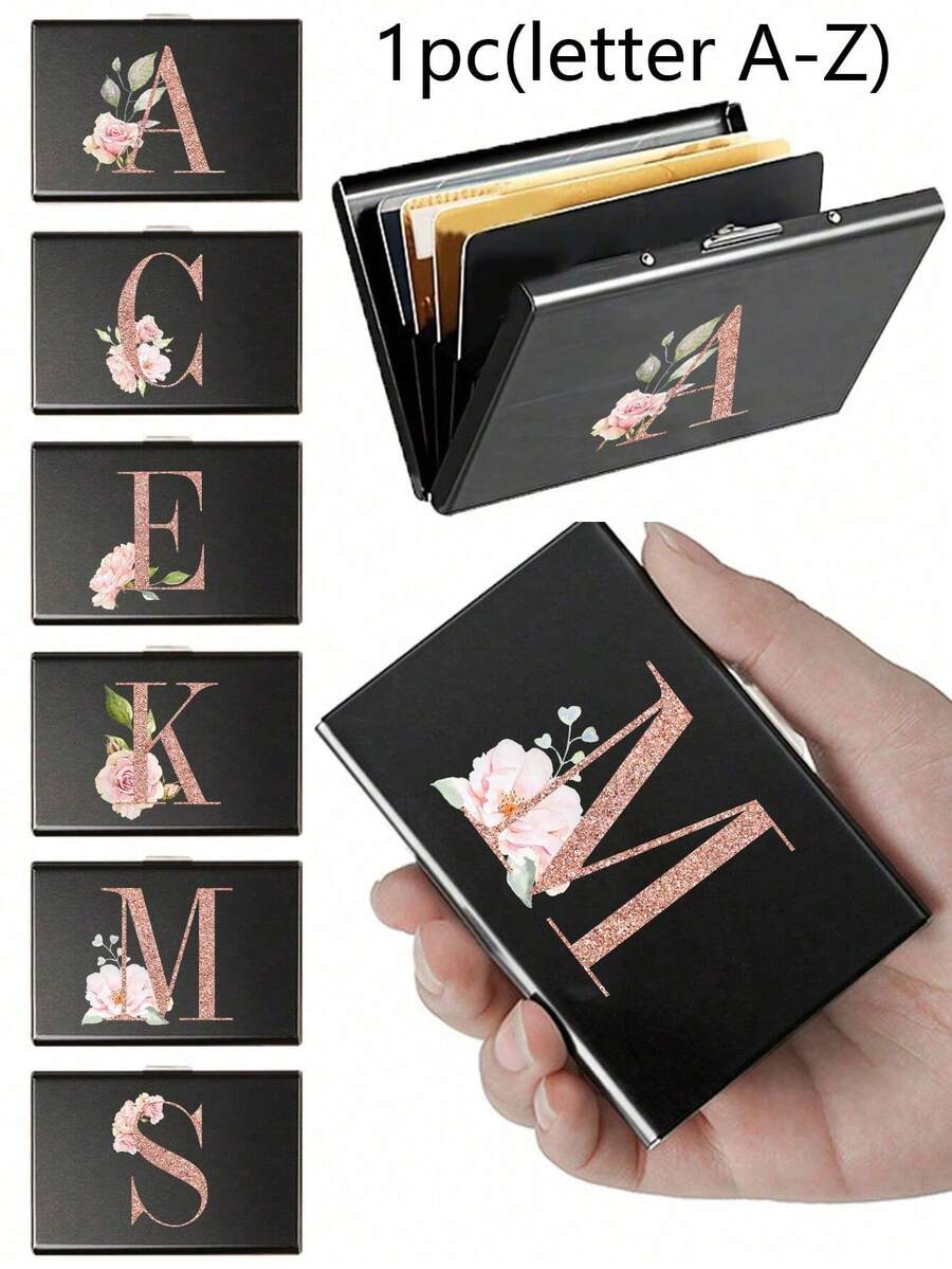 Estuche de tarjetas delgado con 6 ranuras para tarjetas, con patrón de iniciales de la A a la Z en color oro rosa, billetera portadora de identificación y tarjetas de crédito, minimalista y delgado de metal de aluminio, cartera RFID para mujeres y organizador de tarjetas de metal para hombres