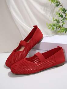 Women's Woven Mary Jane Flat Shoes, Square Toe Mesh Breathable Shoes, Comfortable Elegant Flat Knitted Casual Shoes - Red - View 2