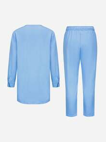 2025 New Men's Wedding Set: Two Pieces Set, Long Pants, T-Shirt Set, Men's Elegant Set, Patchwork Round Neck Classic Men's Social Set, Evening Dress, African , Casual Men's Traditional Clothing - Blue - View 3