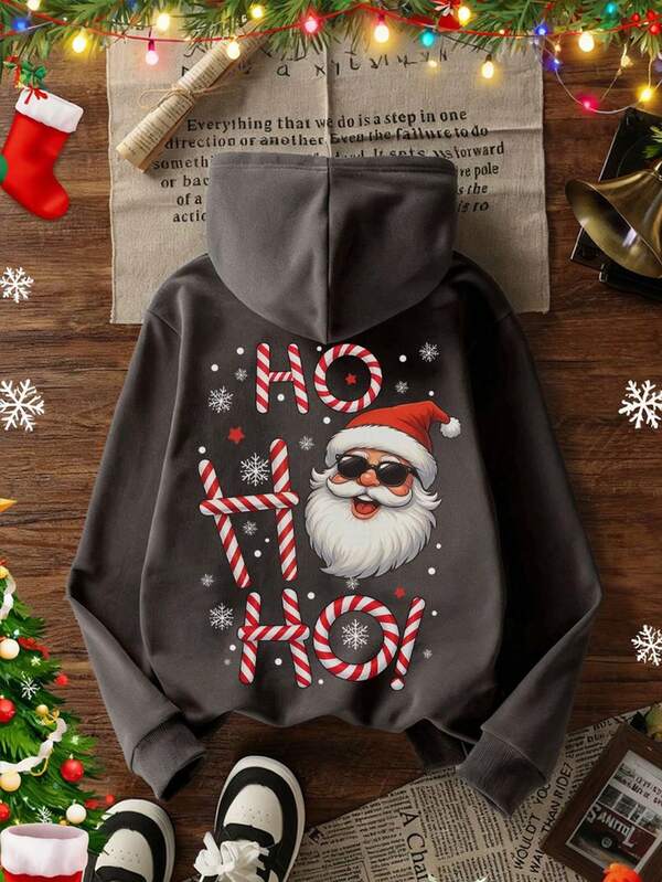 1pc Tween Boy Christmas Santa Claus Print Thermal Lined Hoodie Sweatshirt, Warm Winter Wear For Young Students