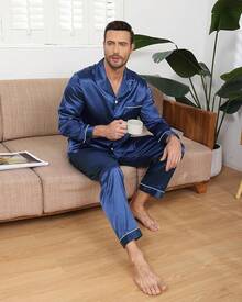 BigKing Conjunto de Pijama de satén de Seda para Hombre, Conjunto de Pijama para Hombre, Suave, Manga Larga, Abotonado - Burdeos - Ver 5