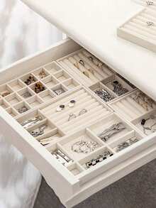 1/8 Beige Desktop Jewelry Display Storage Box Elegant Stackable Velvet Jewelry Tray Storage Box - Christmas Gift For Family And Friends Portable Multi-Purpose Storage Box For Rings, Earrings And Necklaces - Beige - View 4