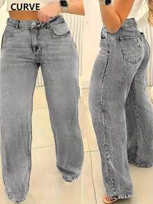 Jeans droits en jean grande taille avec poche boutonnée, détail de fermeture éclair, longueur complète, tissu sans stretch