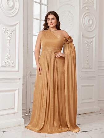  UNITHORSE Plus Women's Slanted Shoulder Extra-Long Sleeve Imitation Lyocell Hand-Made Three-Dimensional Flowers Slim-Fitting Maxi Evening Dress