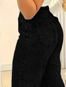 大码女式直筒宽松休闲牛仔裤，带口袋 - 黑色 - 查看 4