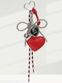 简约时尚，可爱心形包包挂饰，银色串珠蝴蝶结装饰，高性价比包包配饰，小巧别致的心形钥匙扣，甜美别致的风格装饰，适合日常搭配或作为包包挂饰/钥匙扣礼物，复古红 - 紅色 - 查看 6